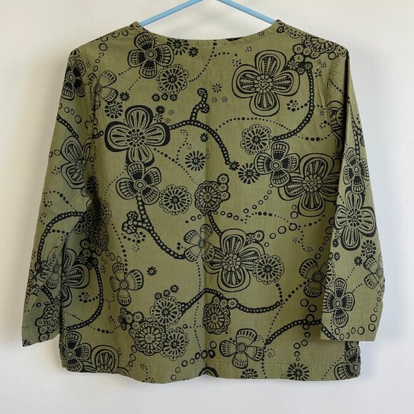 Hot Cotton Womens Floral Print 3/4 Sleeve Top Size S Olive Black Round Neck Slit - Picture 2 of 5